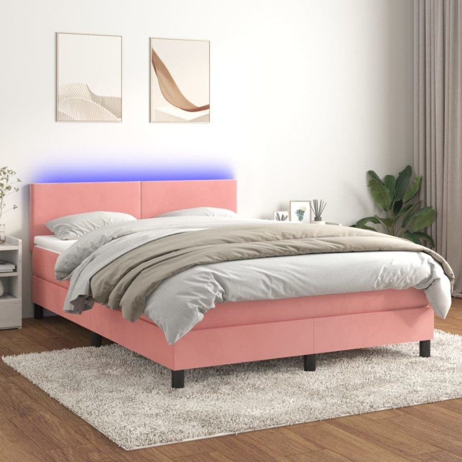 Bedden & Accessoires vidaXL | Vidaxl Boxspring Met Matras En Led Fluweel Roze 140X190 Cm