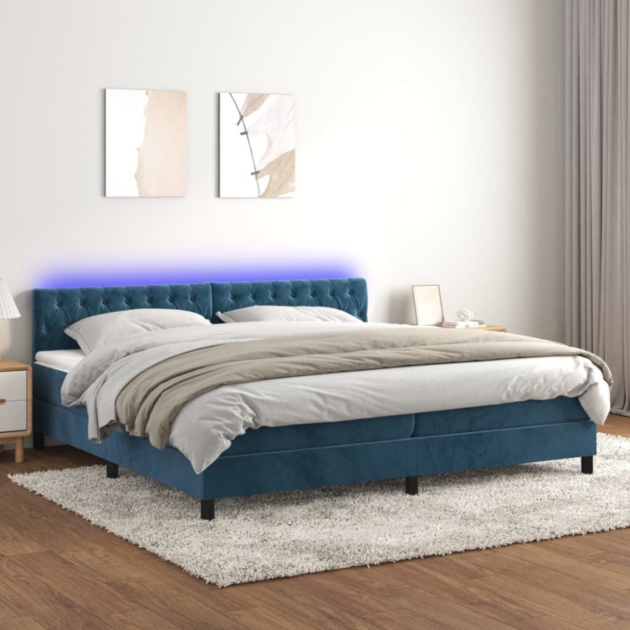 Bedden & Accessoires vidaXL | Vidaxl Boxspring Met Matras En Led Fluweel Donkerblauw 200X200 Cm