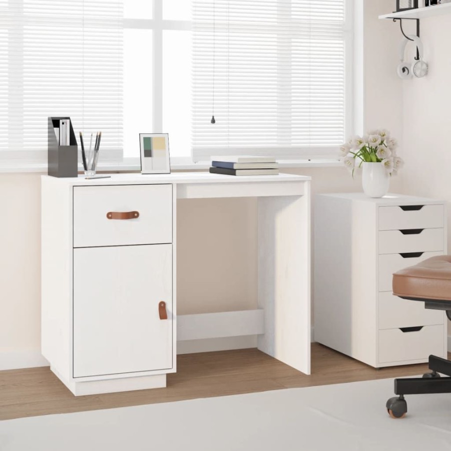 Kantoormeubelen vidaXL | Vidaxl Bureau 95X50X75 Cm Massief Grenenhout Wit