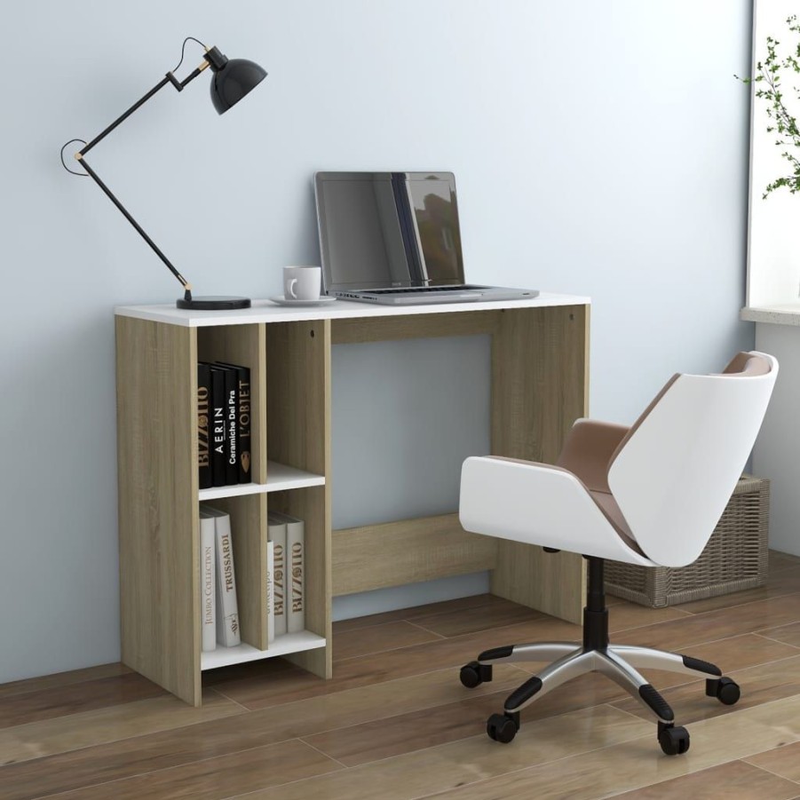 Kantoormeubelen vidaXL | Vidaxl Bureau 102,5X35X75 Cm Spaanplaat Wit En Sonoma Eikenkleurig