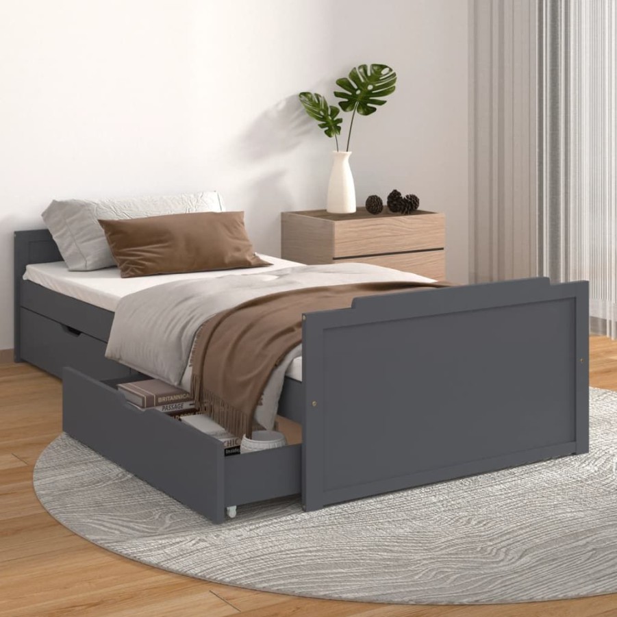 Bedden & Accessoires vidaXL | Vidaxl Bedframe Met Lades Massief Grenenhout Donkergrijs 90X200 Cm