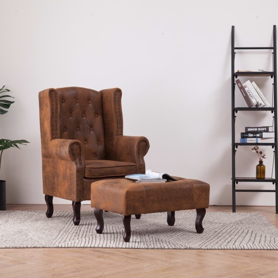 Stoelen vidaXL | Vidaxl Fauteuil En Voetenbank Chesterfield-Stijl Kunstsuede Bruin