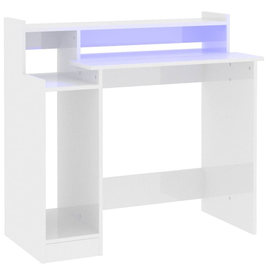 Kantoormeubelen vidaXL | Vidaxl Bureau Met Led-Verlichting 97X45X90 Cm Hout Hoogglans Wit