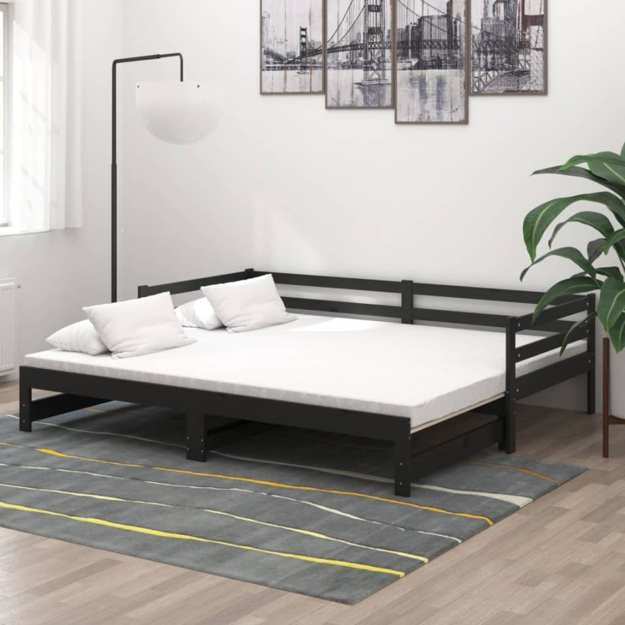 Bedden & Accessoires vidaXL | Vidaxl Slaapbank Uitschuifbaar Massief Grenenhout Zwart 2X(90X200) Cm